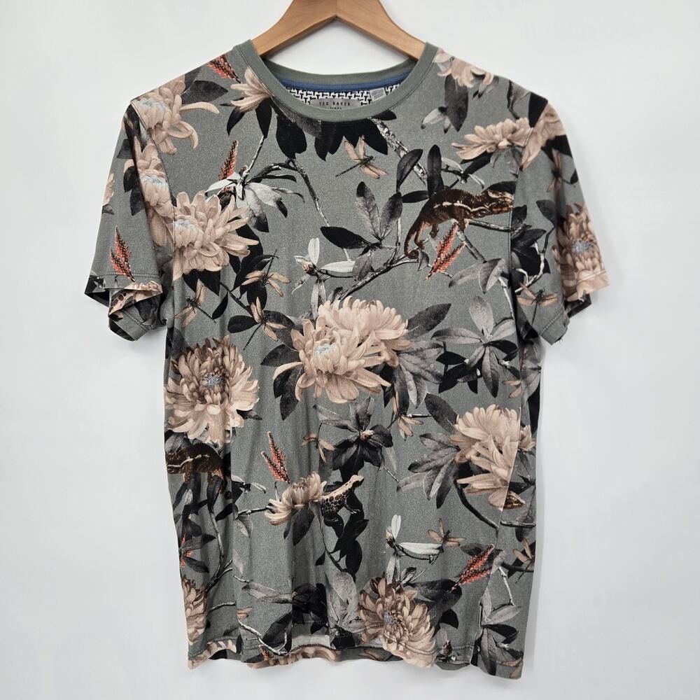 Ted Baker STRAWI Crew Neck T-Shirt Green Gray Moody Floral Soft Grunge Size 2 SM